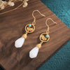Magnolia Flower Jade Pattern Luck Prosperity Drop Dangle Earrings