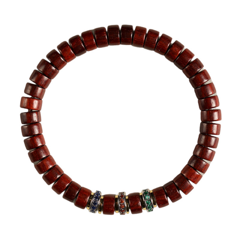 Flat disc wooden beads bracelet worn on wrist