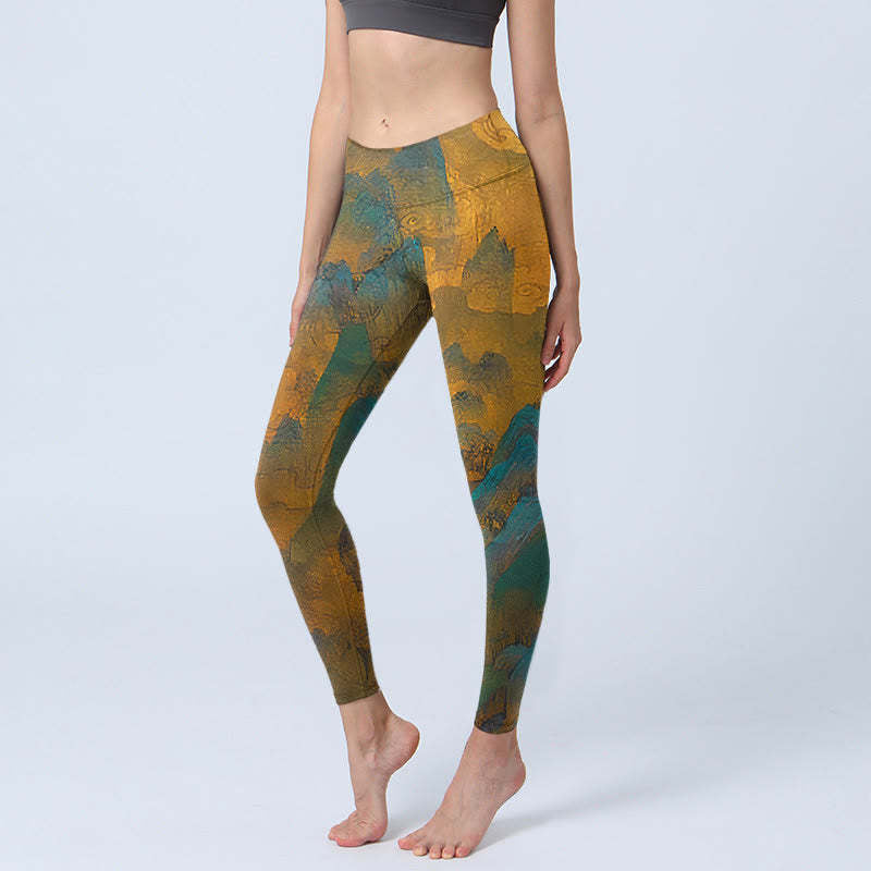 Splash-ink Landscape Print Yoga Leggings Women's High Waist Fitness Pants