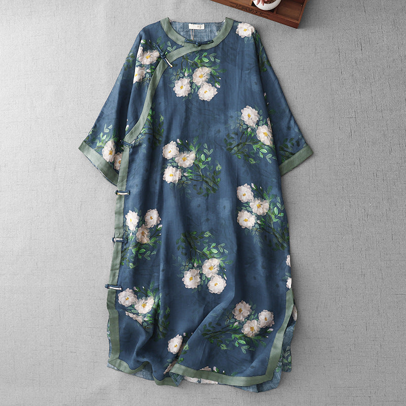 Floral Print Linen Dress with Frog Buttons and Side Slits