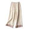 Women's Wide Leg Pants with Embroidery, High Waist Linen Trousers