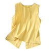 Yellow sleeveless cotton linen top with irregular hem on wooden hanger