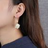 White or Green Jade Lotus Drop Earrings, Silver Tone