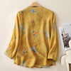 Yellow Linen Top with Floral Print and Frog Buttons