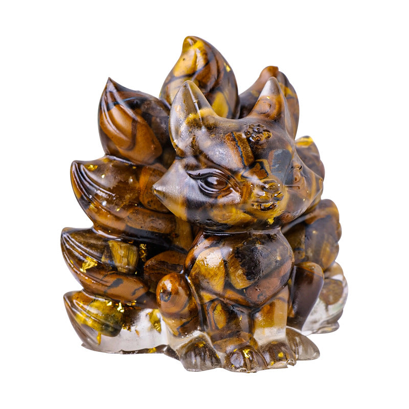 Small nine-tailed fox figurine made of resin and tiger eye crystal chips
