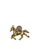 Antique brass keychain charm shaped like a running horse with a coin on its back