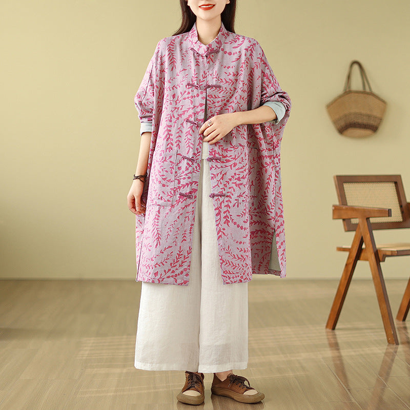 Printed Cotton Women's Coat With Frog Buttons and Pockets