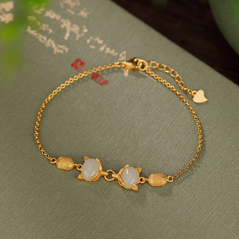Sterling Silver Fox Bracelet with Natural Jade