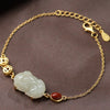 Jade Pixiu Coin Bracelet with Red Agate and Gold Tone Chain