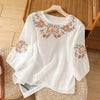 Cotton Linen Embroidered T-shirt Women's Crew Neck Three Quarter Sleeve Top