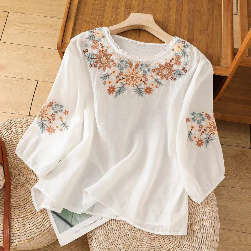 Cotton Linen Embroidered T-shirt Women's Crew Neck Three Quarter Sleeve Top