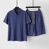 Men's Cotton Linen T-Shirt and Shorts Set V-Neck Short Sleeve