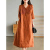 Cotton Linen Midi Dress with V-neck and Pleated Detail