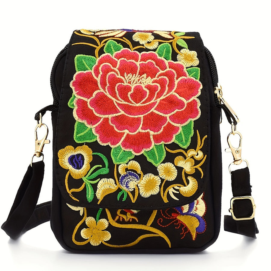 Embroidered Canvas Crossbody Bag with Floral Motifs