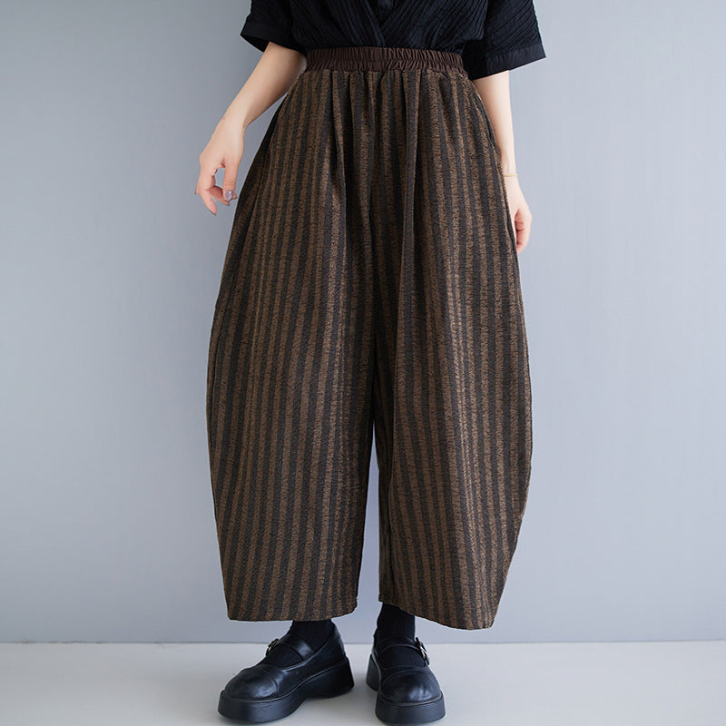 Women's Wide Leg Pants, Corduroy Stripes, Elastic Waist