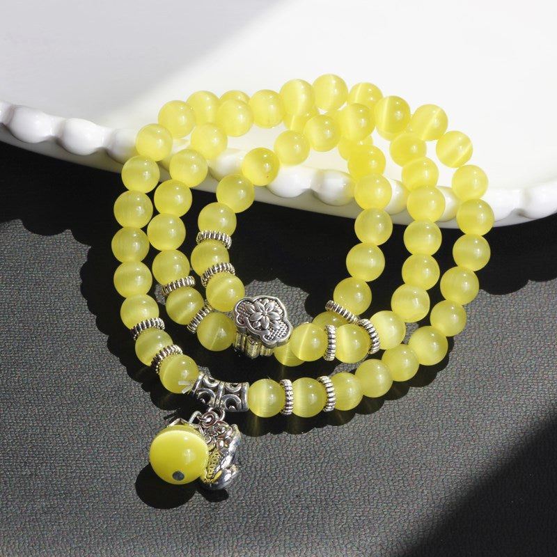 Cat Eye Triple Wrap Bracelet with Lucky Cat Charm