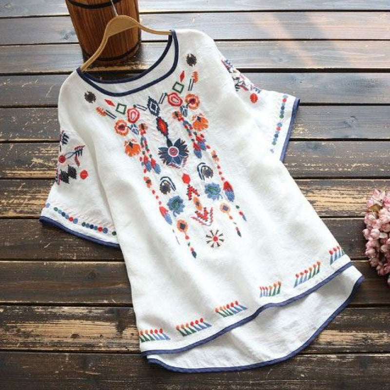 Embroidered Cotton Linen T-Shirt Women's Floral Crew Neck Short Sleeve Top