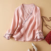 Embroidered Linen Wrap Top with Floral Trim