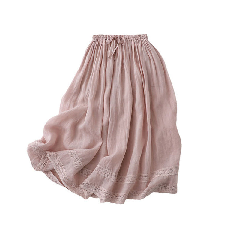 Cotton Linen Elastic Waist Skirt, Long A-Line