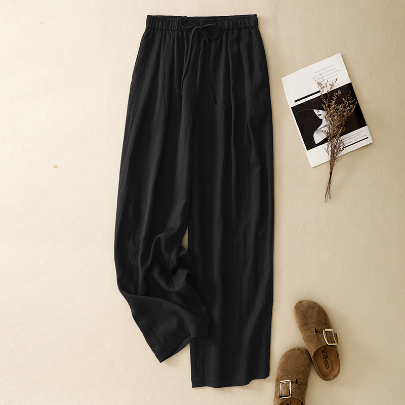 Cotton Linen Drawstring Pants Women Wide Leg Loose Casual Trousers