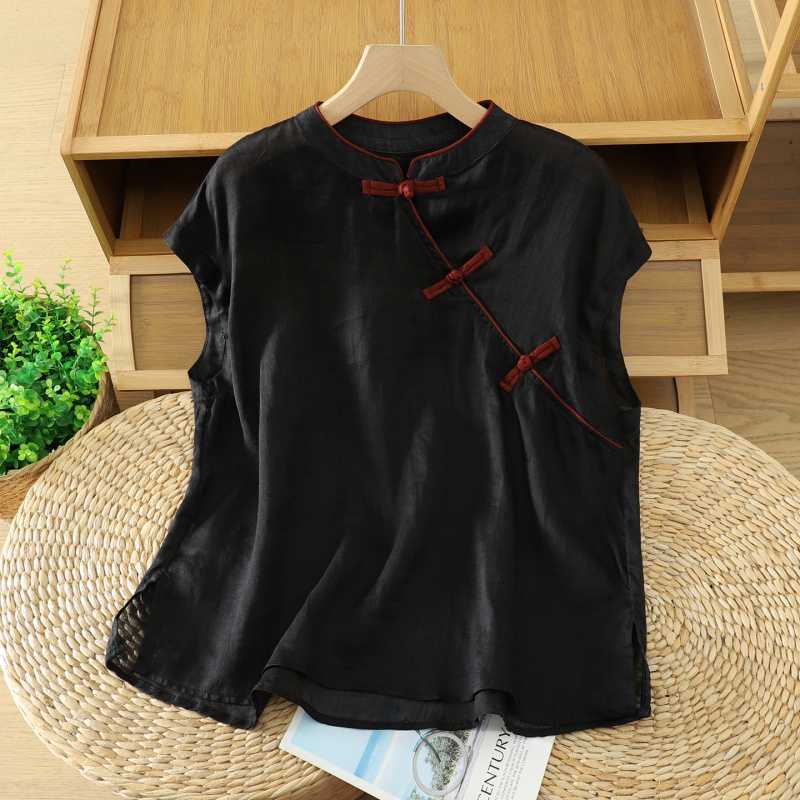 Women's Sleeveless Shirts Cotton Linen Frog Button Top