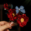 Red Camellia Flower Hair Comb with Blue Butterfly