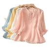 Embroidered Floral Three Quarter Sleeve Button Crew Neck Women's Shirt