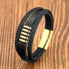 Close up of black braided leather bracelet with gold tone metal bars on wood background
