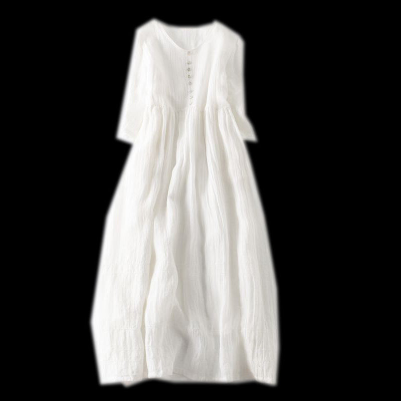 Cotton Linen Midi Dress with Half Sleeves