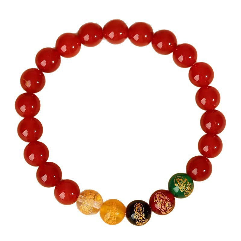 Circular bracelet made of red agate beads with five colorful decorative beads at the bottom