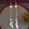 Long Drop Earrings with Floral Charm and Faux Pearl