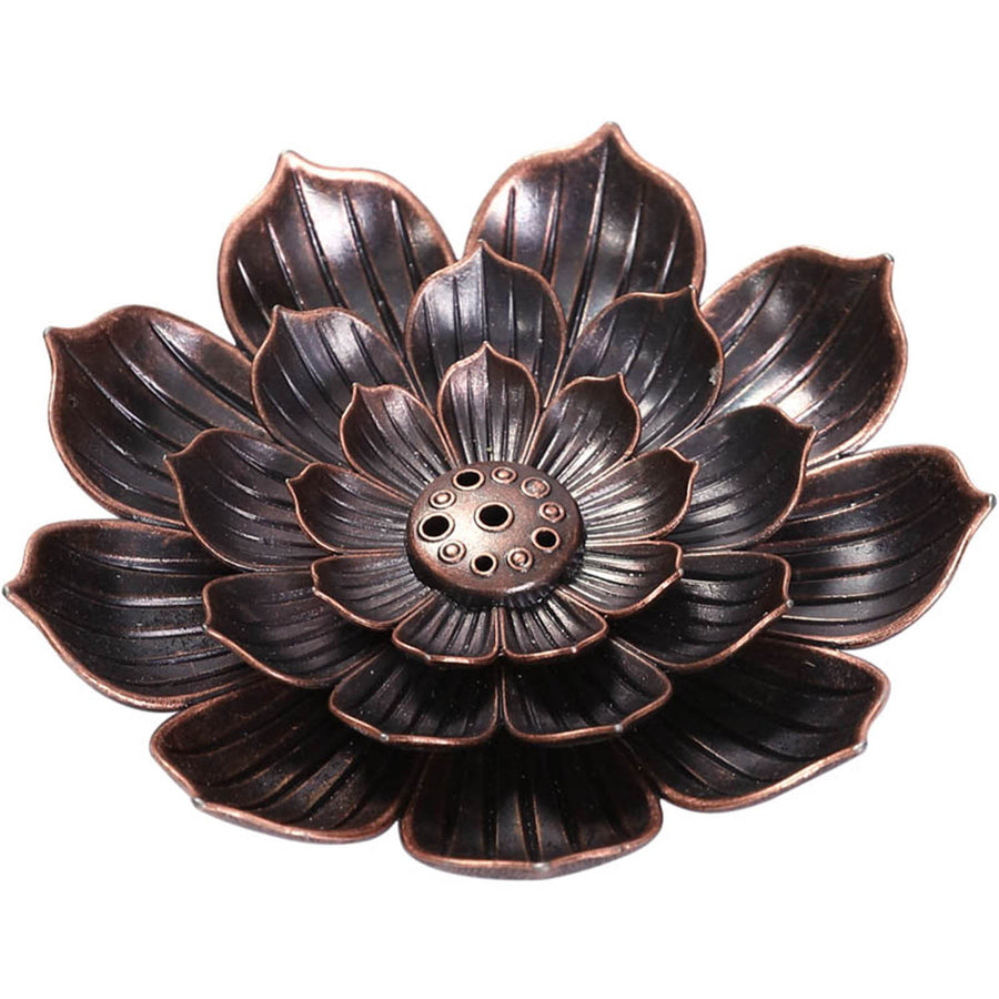 Close-up view of the dark lotus-shaped incense burner with six holes in the center.