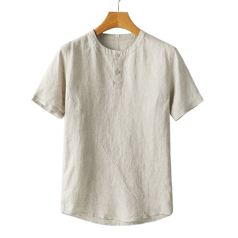 Front view of a beige men's short sleeve linen shirt on a wooden hanger