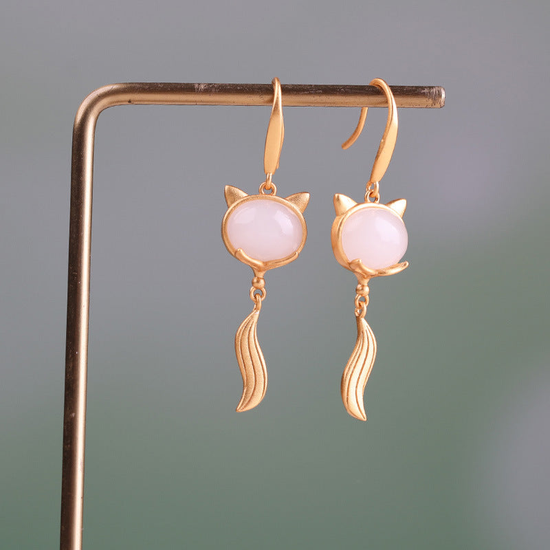 FengShui White Jade Fox Fortune Earrings