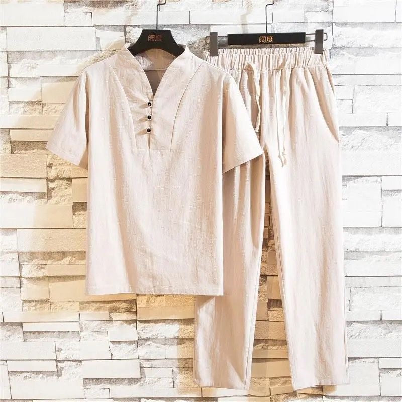 Men's Meditation Cloth Set: Linen-Blend T-Shirt and Pants
