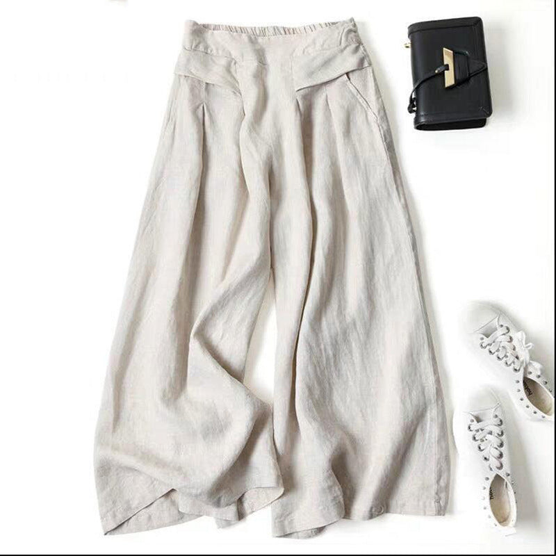 Women's Wide Leg Pants Cotton Linen High Waist Trousers With Pockets