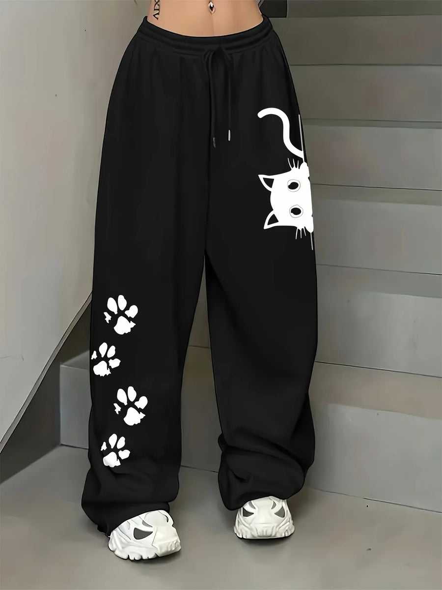 Women's Wide Leg Pants with Moon and Cat Print