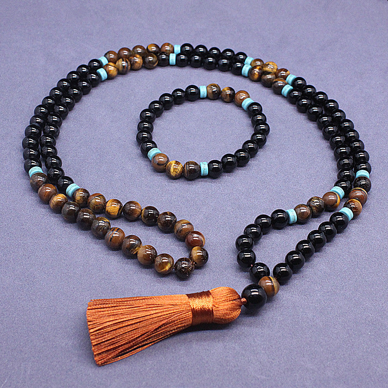 Long beaded mala necklace and matching bracelet with black agate and tiger eye stones