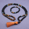 Long beaded mala necklace and matching bracelet with black agate and tiger eye stones
