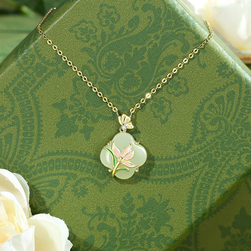 Sterling Silver Magnolia Hetian Jade Necklace Pendant