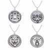 Silver tone stainless steel necklace with a round pendant featuring an engraved animal face
