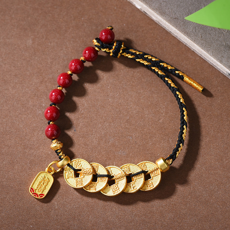 Five Emperor Coins Bracelet with Cinnabar or Amethyst