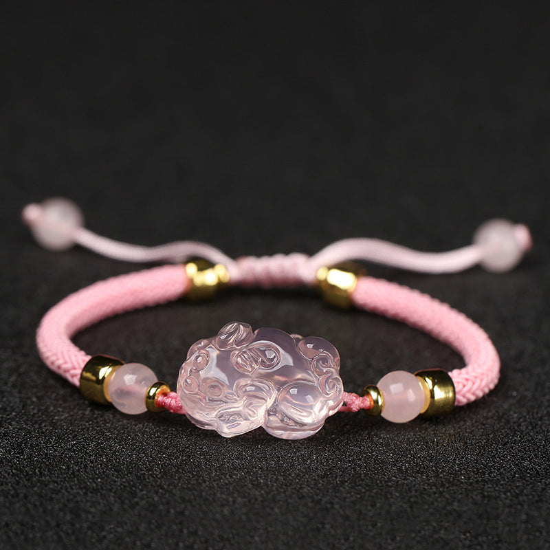 Pink Crystal Pixiu Braided Bracelet with Cord