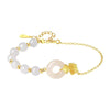 Gold-tone chain bracelet with white jade beads and a circular pendant