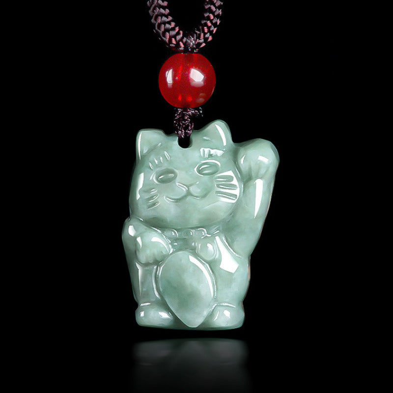 Jade Lucky Cat Pendant Necklace, Bean Green or Blue Water