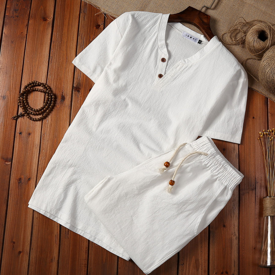 Men's Meditation Cloth Set Cotton Linen Shorts T-Shirt