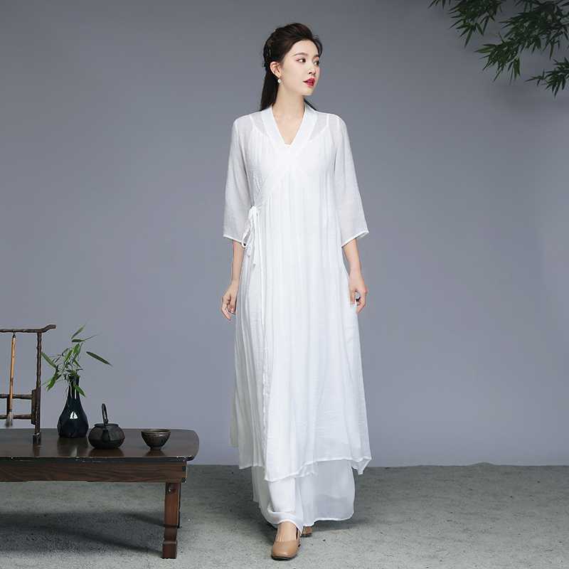 Women's Meditation Cloth Hanfu Style Midi Dress Wide Leg Pants