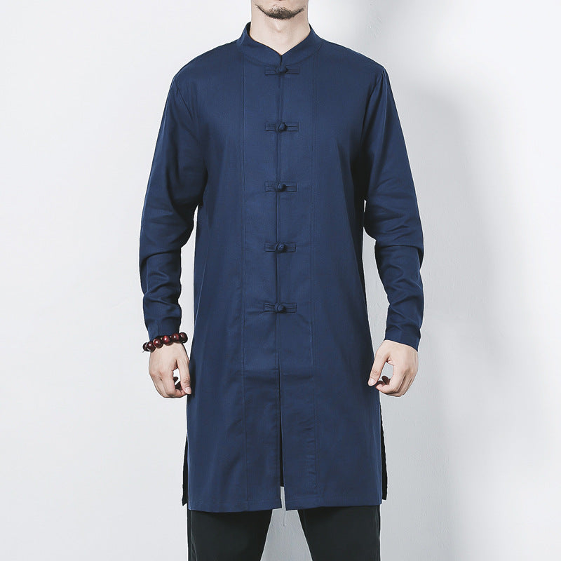 Men's Linen Mid-length Coat Frog Button Zen Clothing Fall Outerwear