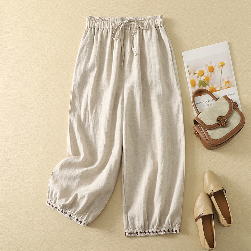 Retro Embroidered Drawstring Pants Women's 7-8 Length Casual