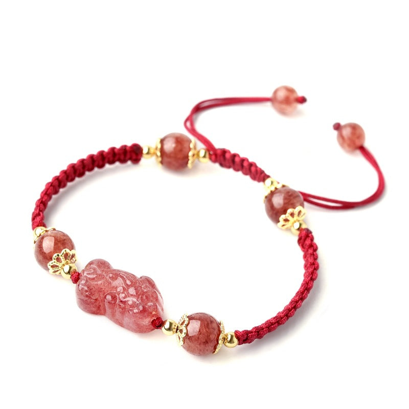 Strawberry Crystal Pixiu Charm Lucky Red String Bracelet